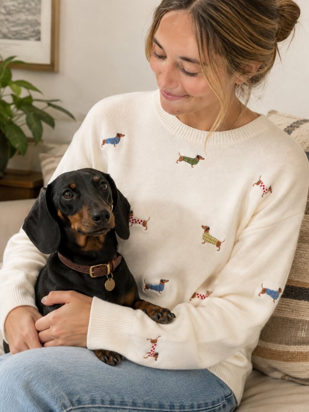 NEW Dachshund Dog Doxie Lovers Embroidered Luxe Rayon Knit Cozy Sweater